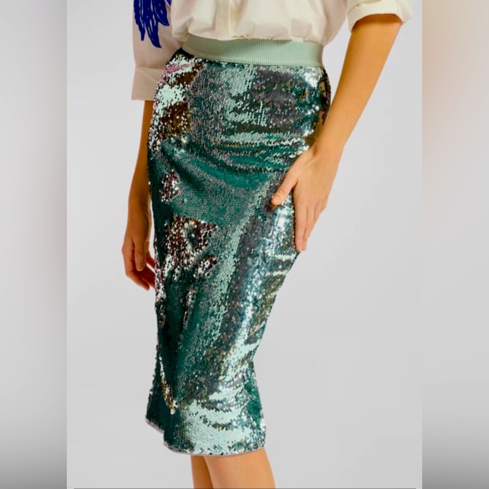ESSENTIAL ANTWERP aqua sequin pencil skirt with zip slit